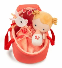 bambola lena in stoffa con culla, doudou , e biberon