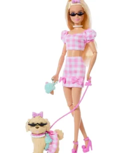barbie cuccioli a passeggio - vestito a quadri rosa