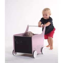 carrello portagiochi in legno con lavagna, rosa pallido - perfetto per i primi passi!