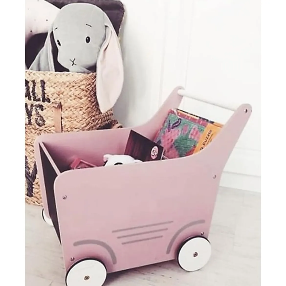 carrello portagiochi in legno con lavagna, rosa pallido - perfetto per i primi passi!