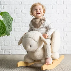 dondolo pecora ecru in legno e peluche - 60x30x45cm