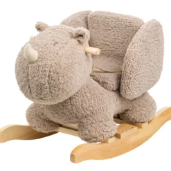 dondolo rinoceronte taupe in legno e peluche - 60x30x45cm