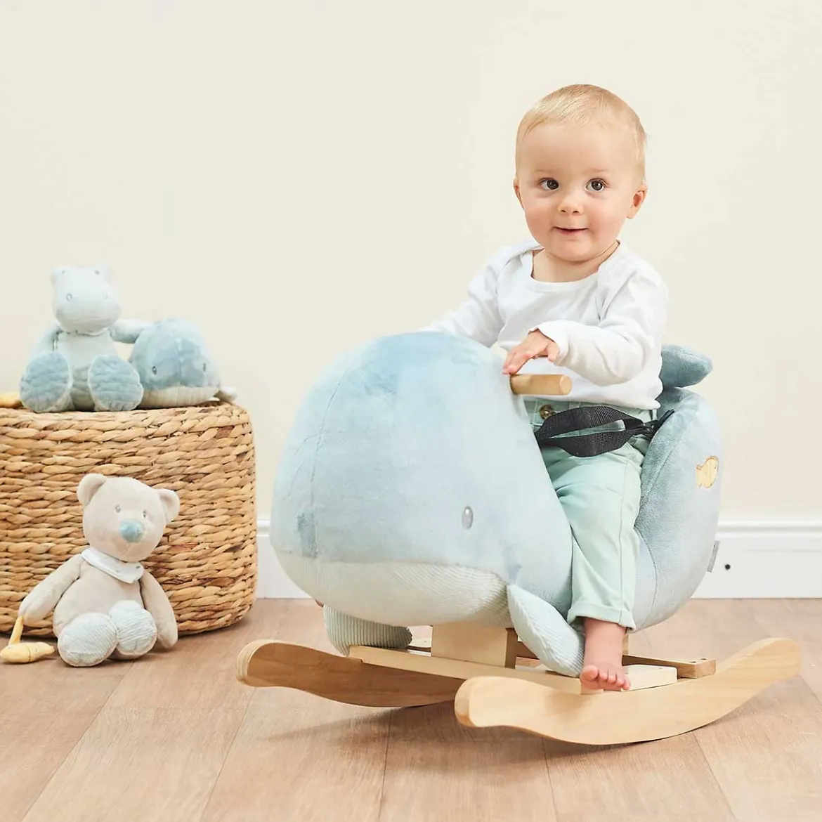 dondolo sally la balena in legno e peluche - 60x30x45cm