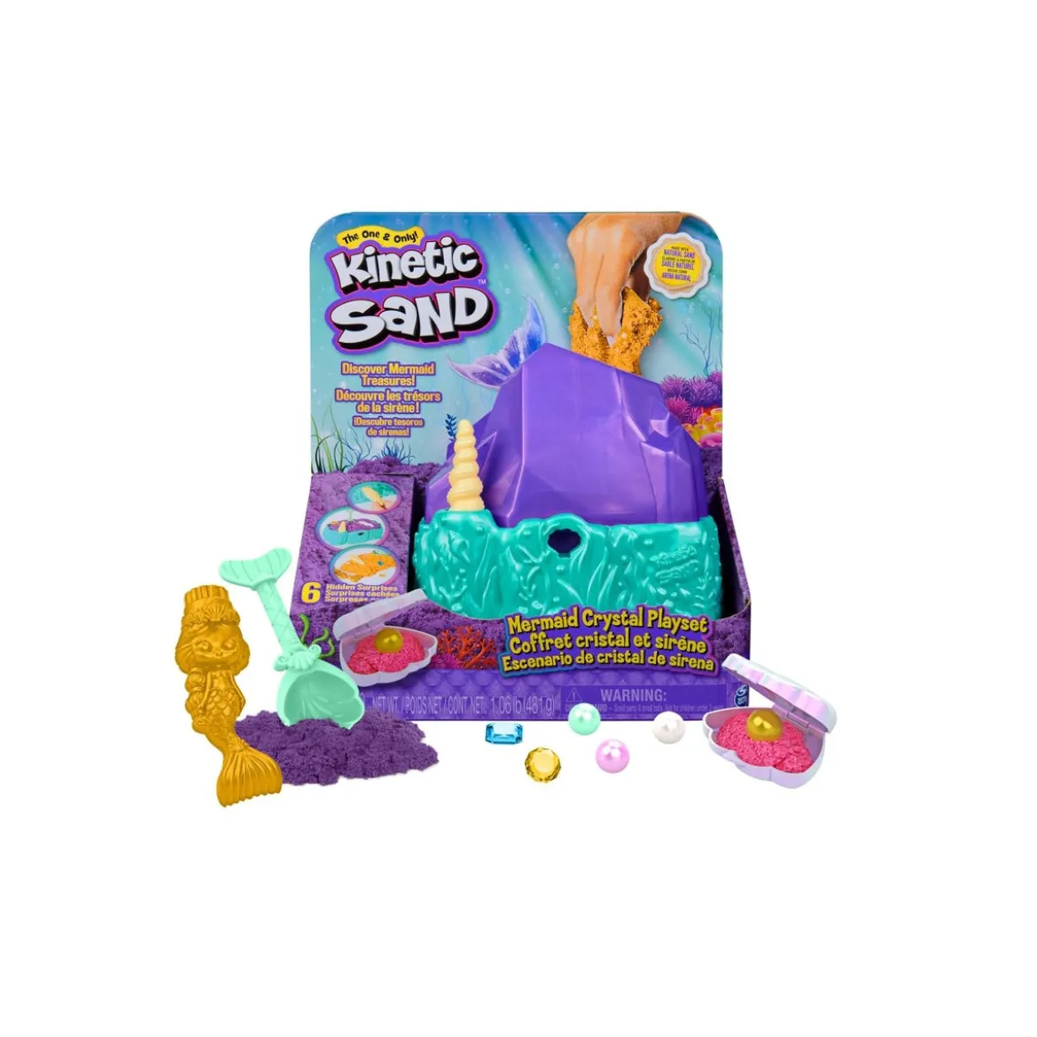 kinetic sand - cristallo della sirenetta - vaschetta con sabbia 325g e accessori