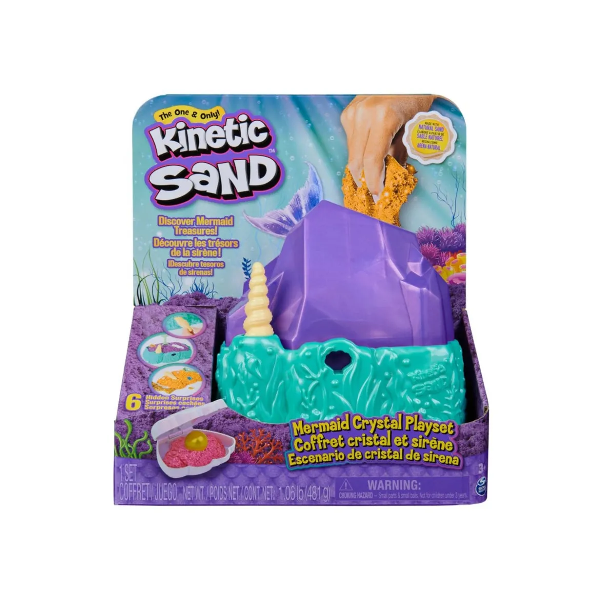 kinetic sand - cristallo della sirenetta - vaschetta con sabbia 325g e accessori