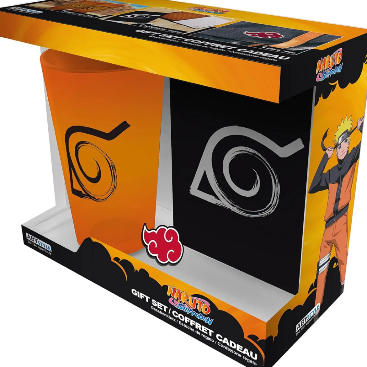 naruto shippuden - gift set - xxl glass + pin + notebook konoha