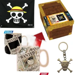 one piece - confezione regalo premium - tazza, portachiavi 3d, bandiera dei pirati