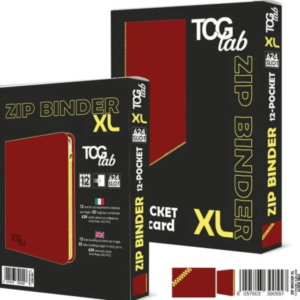 12-pocket trading card binder with zipper - 624 rosso - zip gialla