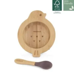scodella in legno con cucchiaio con ventosa - wooden plate chick