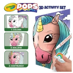 set attività pops creature mistiche - 3 disegni 3d, 7 pennarelli, 3 fogli adesivi