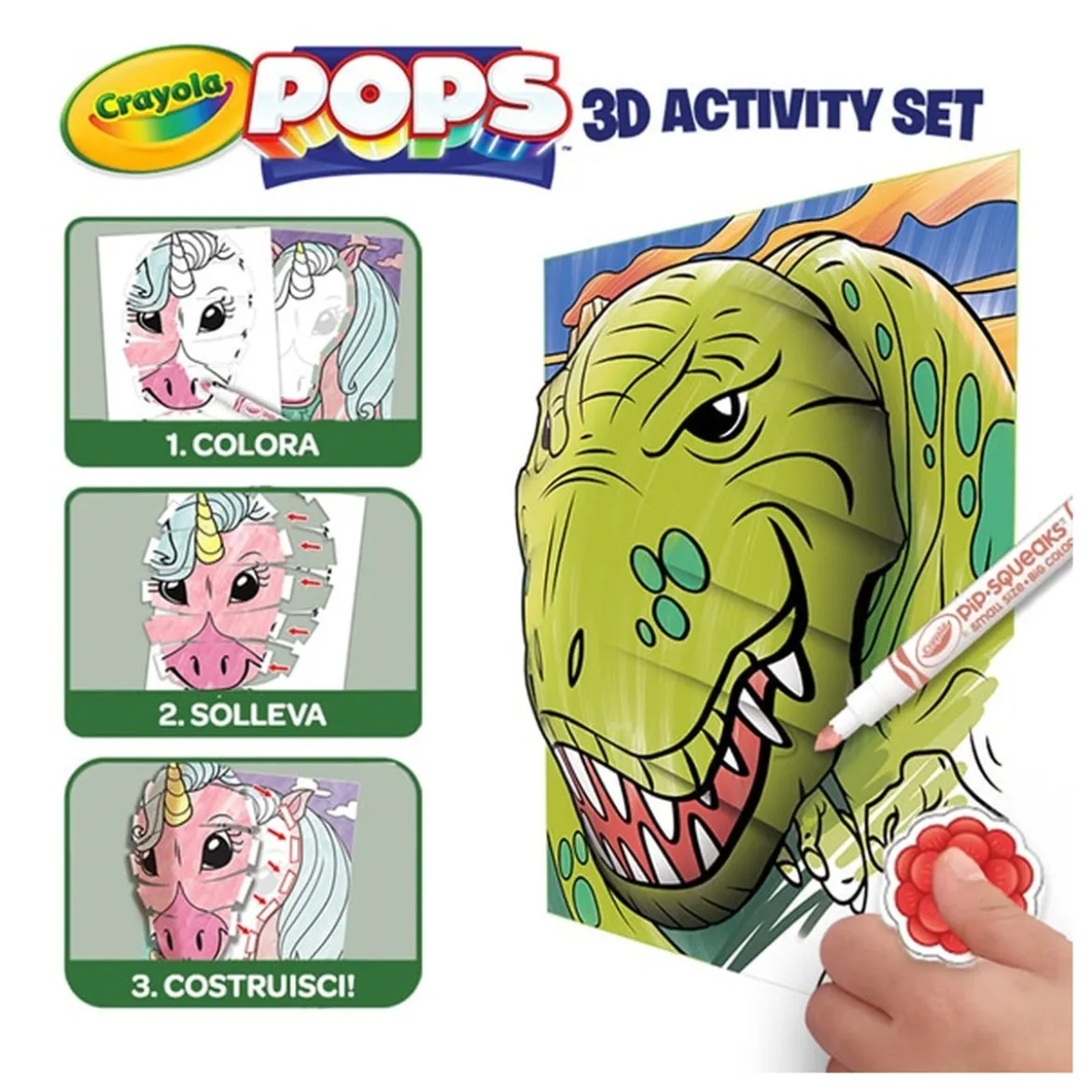 set attività pops dinosauri - 3 disegni 3d, 7 pennarelli, 3 fogli adesivi