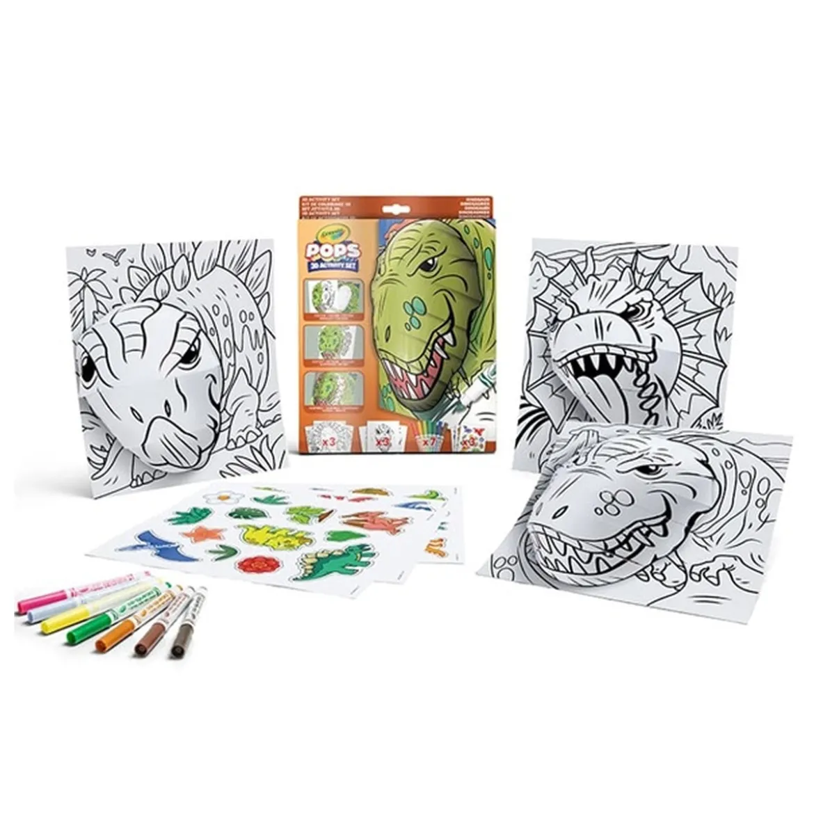 set attività pops dinosauri - 3 disegni 3d, 7 pennarelli, 3 fogli adesivi