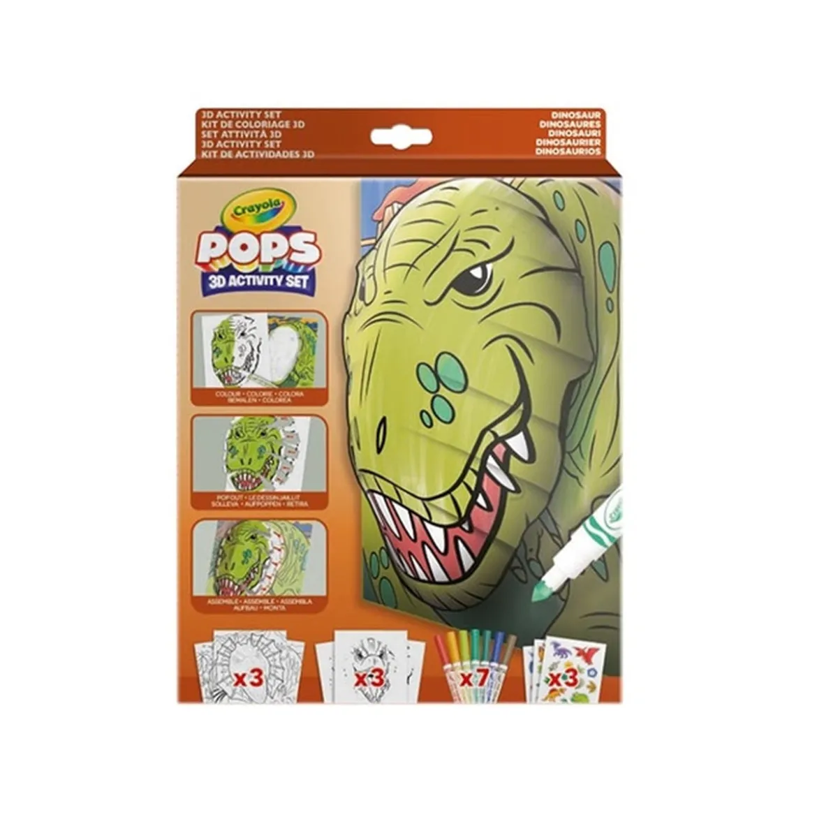 set attività pops dinosauri - 3 disegni 3d, 7 pennarelli, 3 fogli adesivi