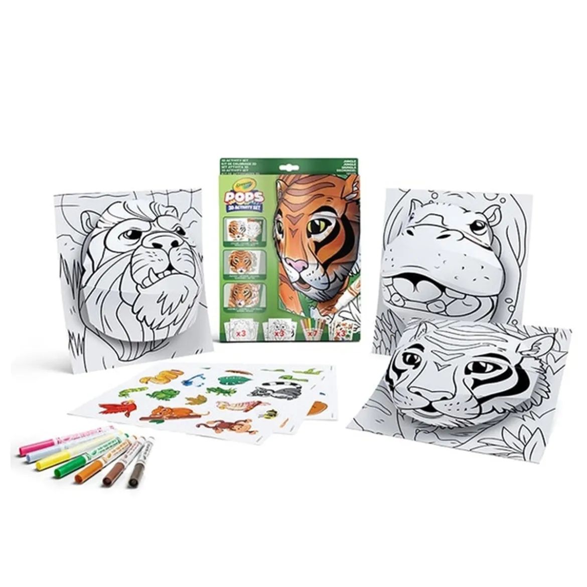 set attività pops giungla - 3 disegni 3d, 7 pennarelli, 3 fogli adesivi