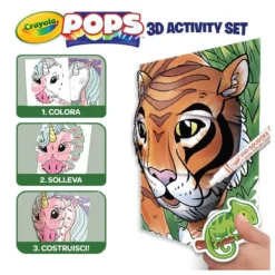 set attività pops giungla - 3 disegni 3d, 7 pennarelli, 3 fogli adesivi