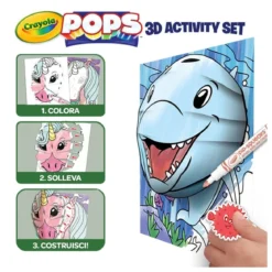 set attività pops mondo marino - 3 disegni 3d, 7 pennarelli, 3 fogli adesivi