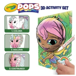 set attività pops personaggi incantati - 3 disegni 3d, 7 pennarelli, 3 fogli adesivi