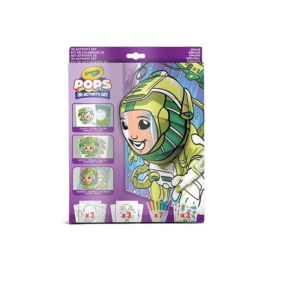 set attività pops spazio - 3 disegni 3d, 7 pennarelli, 3 fogli adesivi