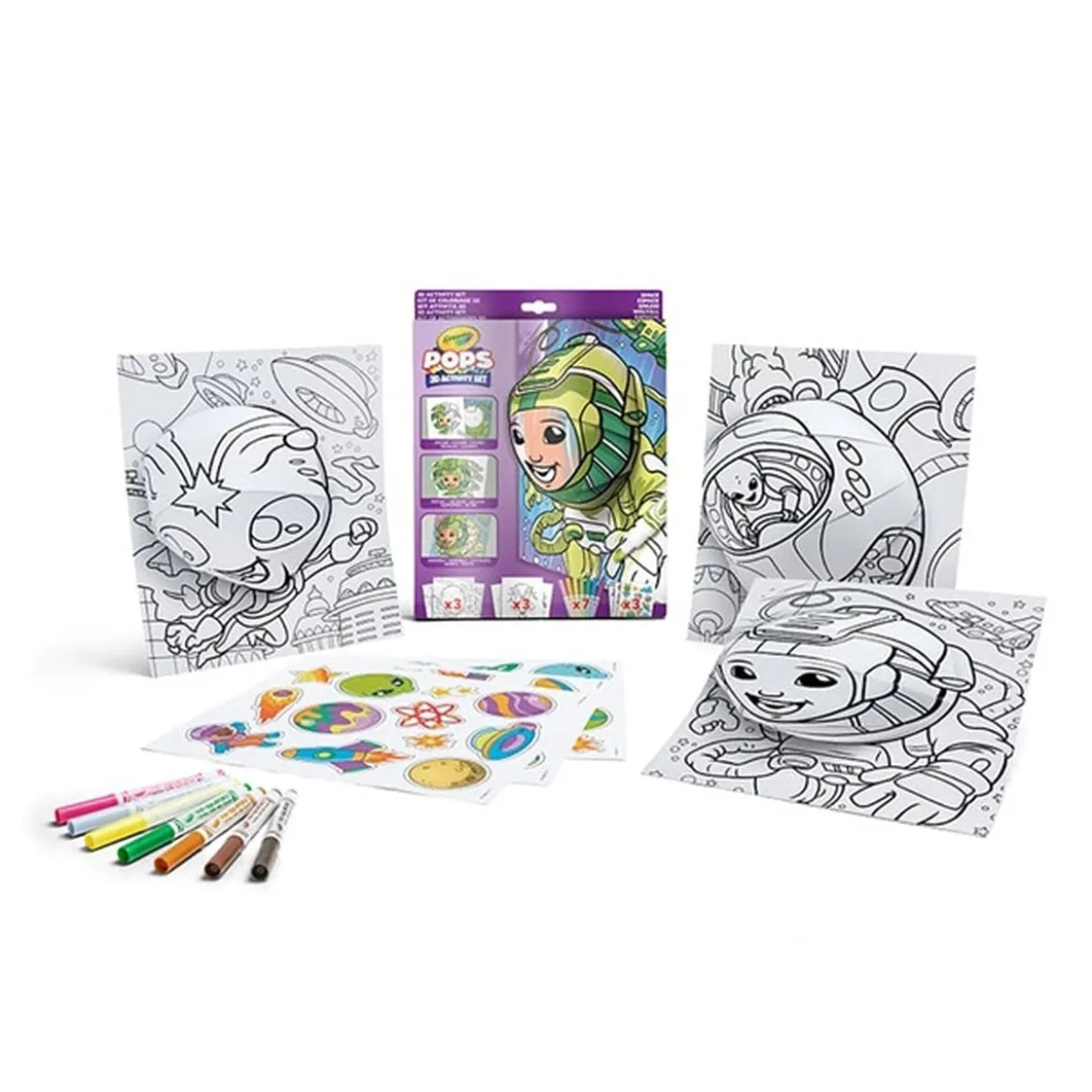 set attività pops spazio - 3 disegni 3d, 7 pennarelli, 3 fogli adesivi