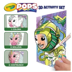 set attività pops spazio - 3 disegni 3d, 7 pennarelli, 3 fogli adesivi