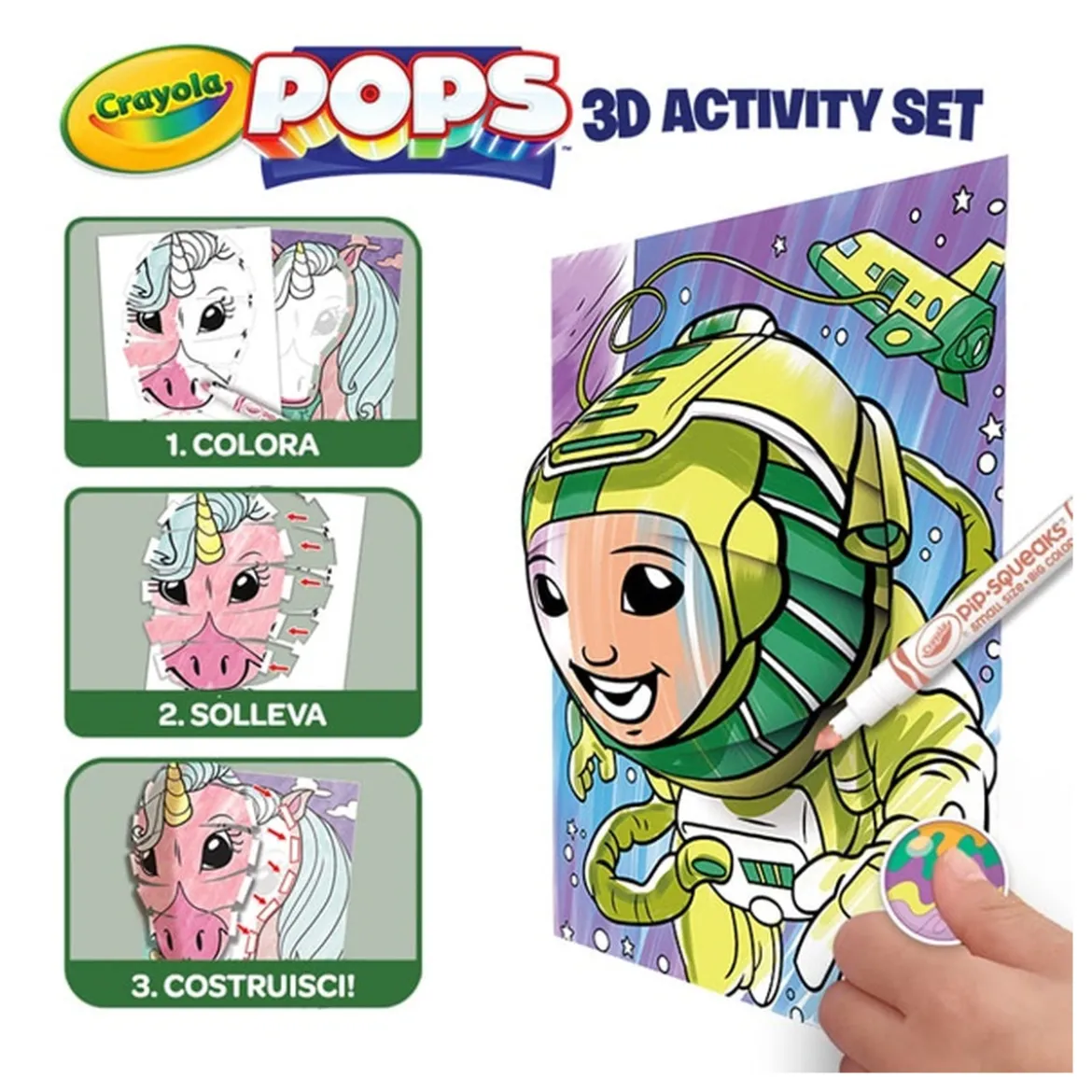 set attività pops spazio - 3 disegni 3d, 7 pennarelli, 3 fogli adesivi