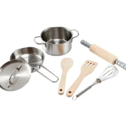 set da cucina - pentole in metallo con strumenti in legno