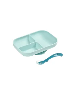 set pappa da apprendimento in silicone - piatto triscomparto + cucchiaio da 2 anni - blu