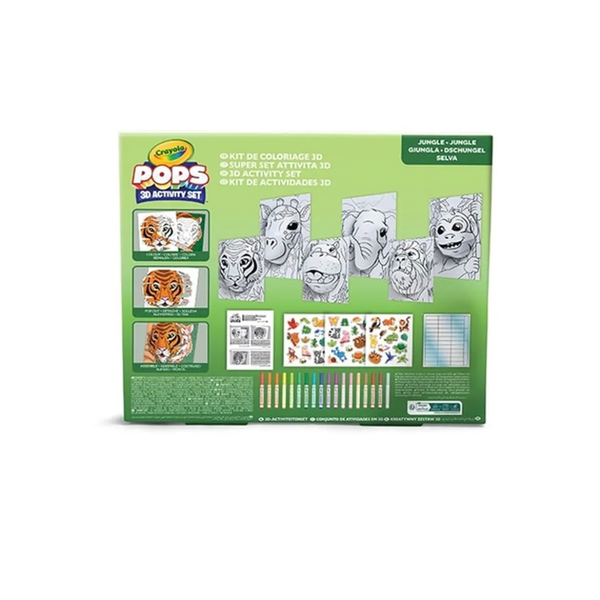 super set pops giungla - 6 disegni 3d, 18 pennarelli, 3 fogli adesivi