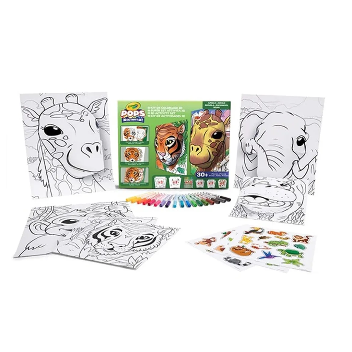 super set pops giungla - 6 disegni 3d, 18 pennarelli, 3 fogli adesivi